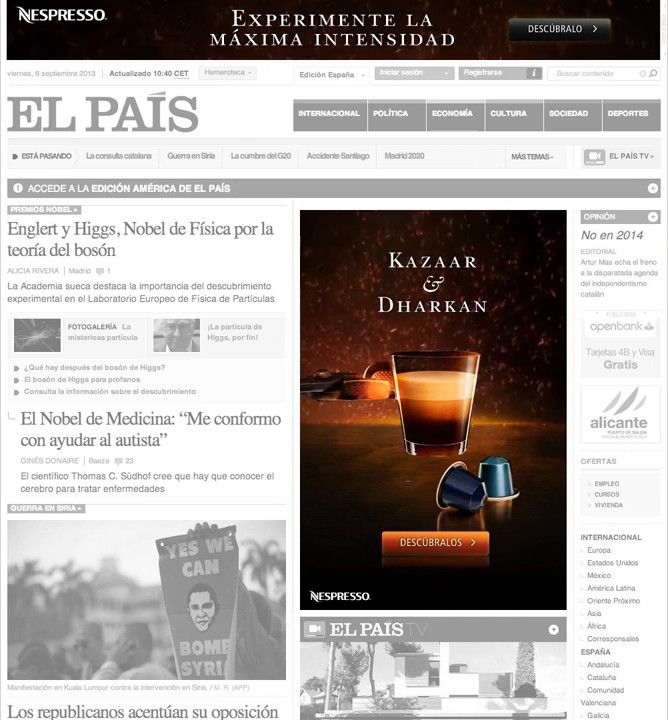 El País homepage with a Nespresso half-page for Kazaar and Dharkan