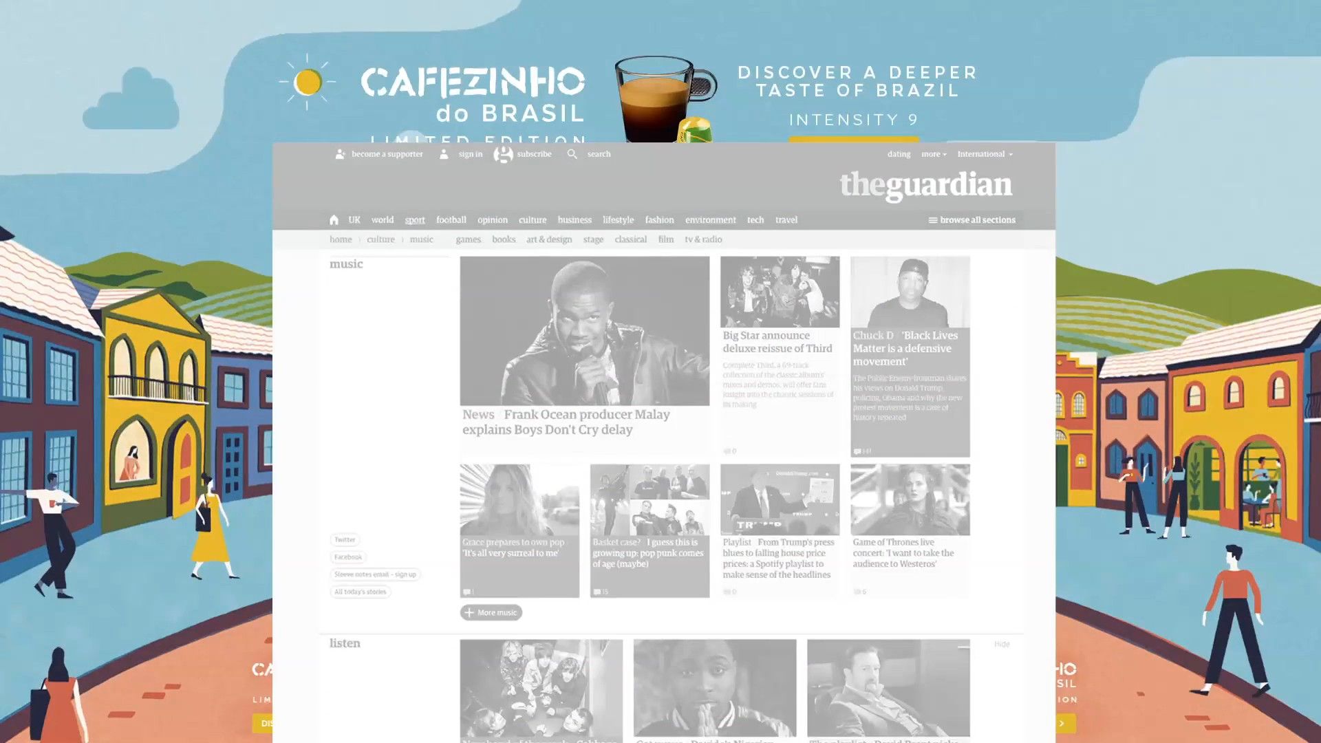 Illustrated Brazilian street scene wrapping The Guardian homepage