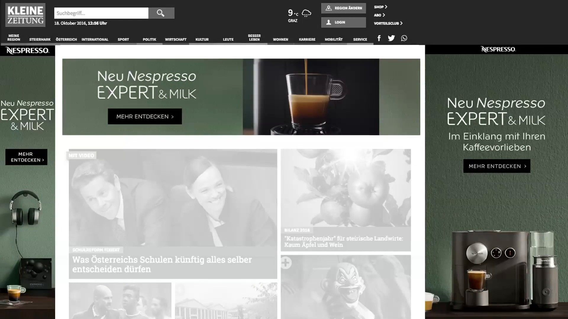 Kleine Zeitung homepage with Expert & Milk billboard and skyscraper