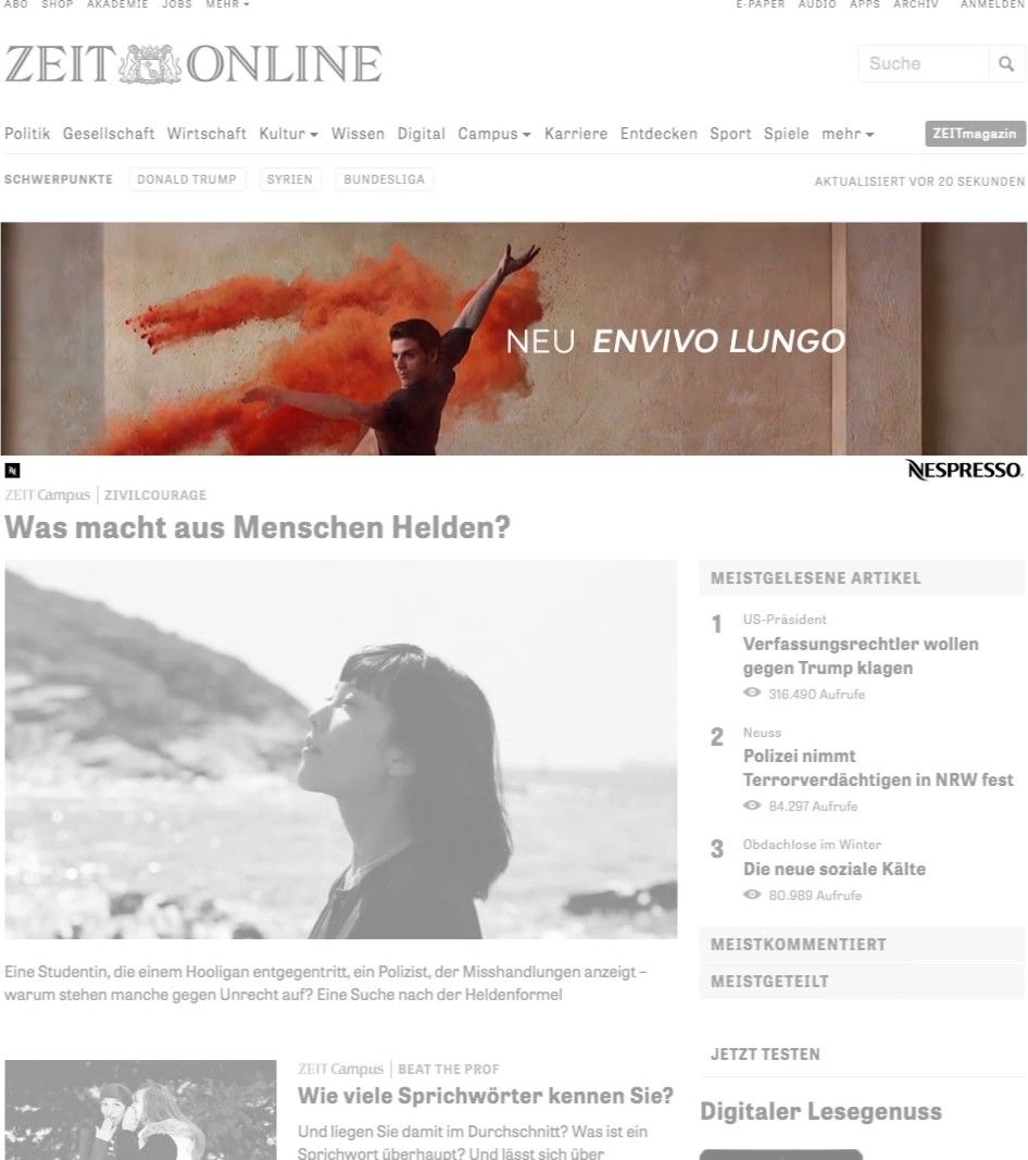 Zeit Online homepage with an Envivo Lungo billboard