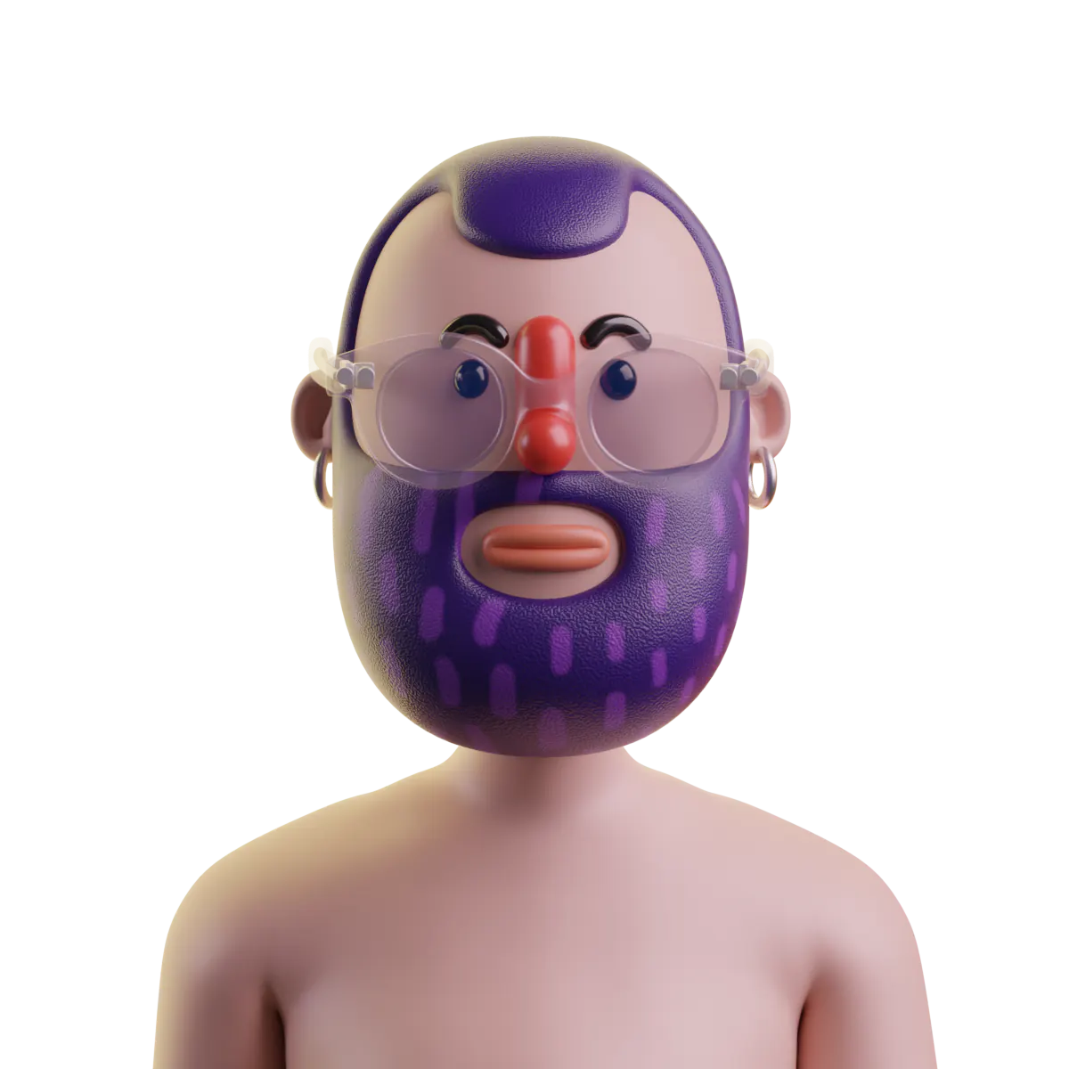Autorretrato 3D de Paco López: cabeza con barba morada y gafas transparentes